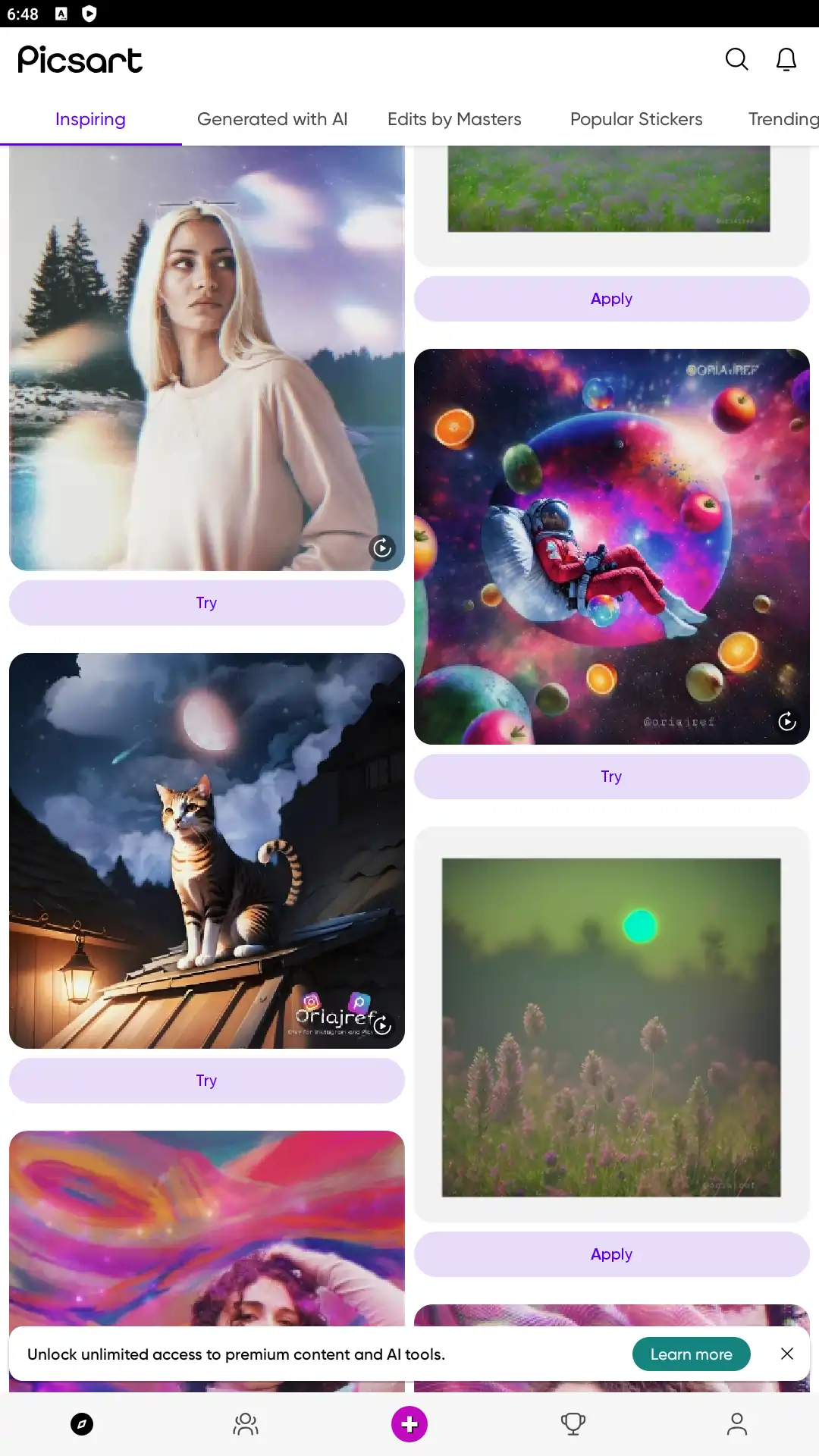 Picsart Home screen